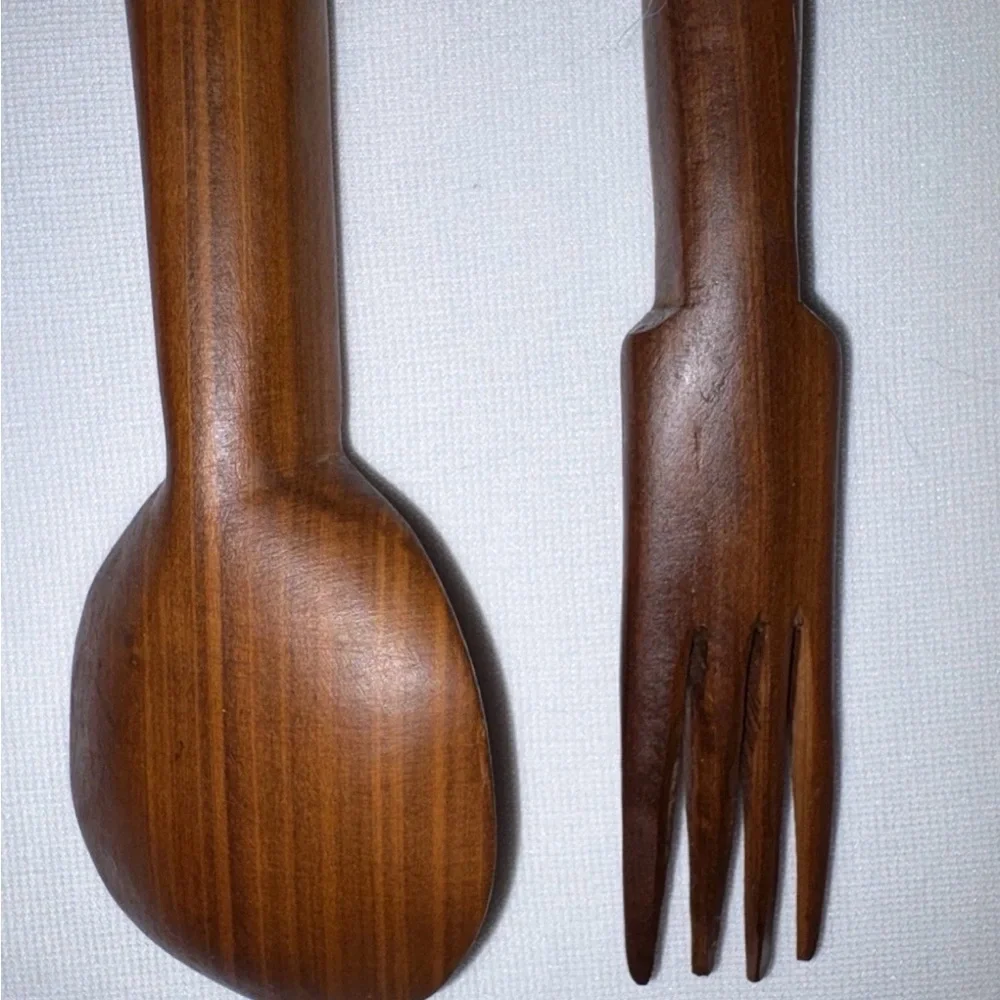 Vintage Handcrafted Wooden Fork & Spoon Serving Utensils From Kenya